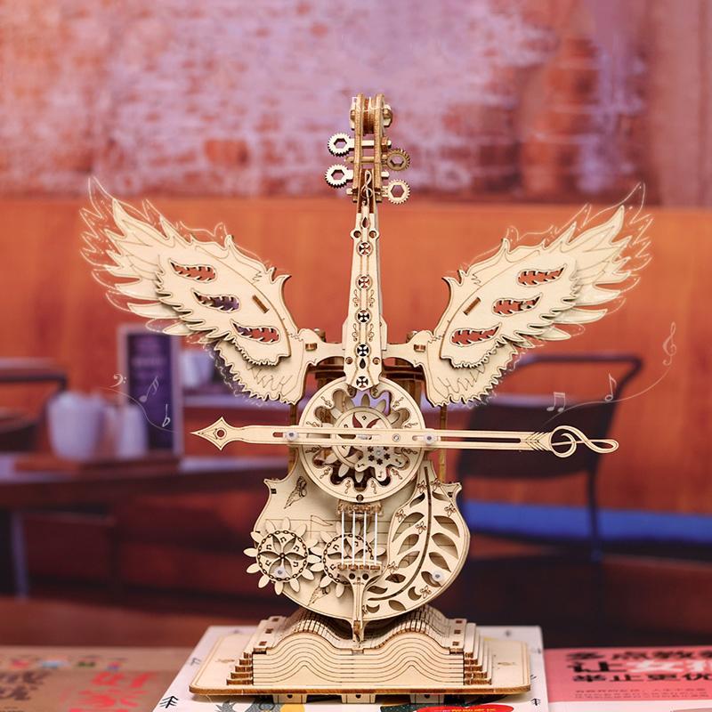 DIY 3D Wooden Puzzle Miniature Building Kit Angel's Instrument Cello Jigsaw Puzzle With Music for Children Birthday Gifts