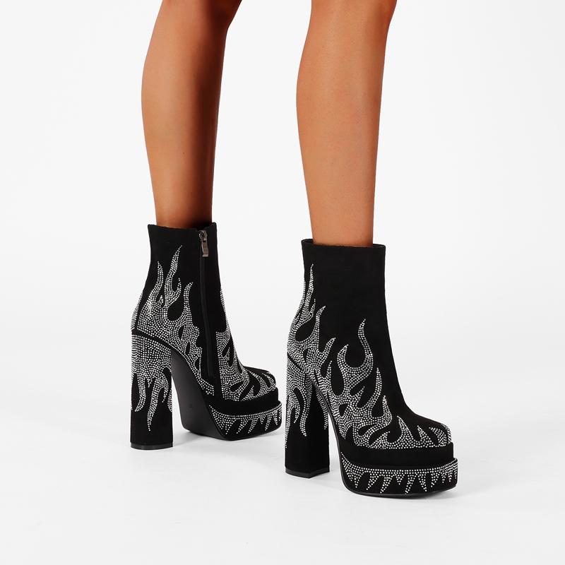 Módní Kaky's Nové Boty na vysokém podpatku s kulatou špičkou Vodotěsná platforma Silná podrážka Velká velikost Kamínkové dámské boty Kotníkové boty Módní boty