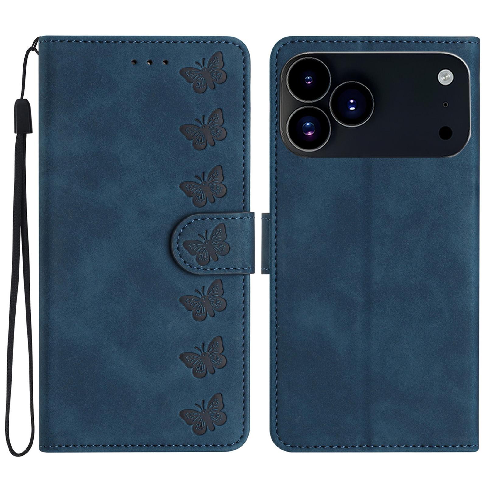 

For iPhone 17 Pro Case Imprinted Butterfly Leather Wallet Phone Cover with Hand Strap Blue