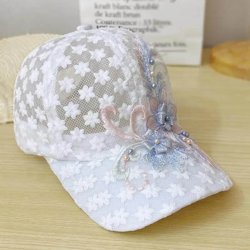 Breathable Summer Thin Lace Baseball Cap Women's Embroidered Flower Mesh Sunshade Hat Korean Style Fashionable Outdoor Cap