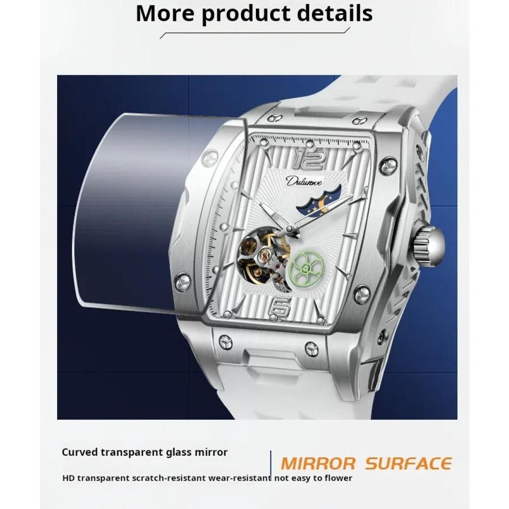 Dulunwe Tonneau Sports Men's Tourbillon Watches Starry Moon Phases Hollow Out Automatic Mechanical Watch Rubber Strap Luminous Wristwatch