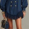Elegant High-Neck Double-Breasted Button Lantern Sleeve Dress With Lace Trim Irregular Hem Street Style