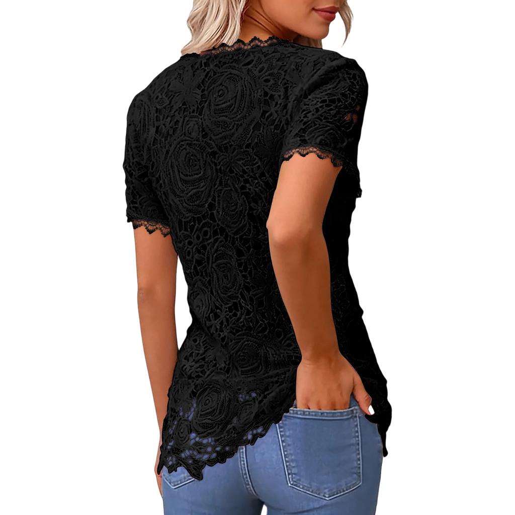 Ladies' Color Casual Elegant Short Sleeved T-shirt Lace Top