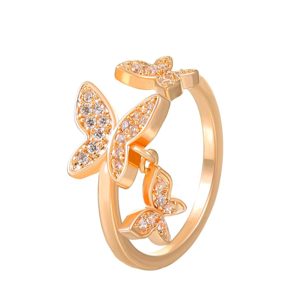 Elegant Geometric Butterfly Ring with Zircon Inlay - Adjustable Double-Layer Design for Women