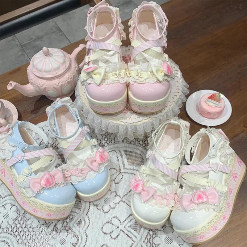 Fashion Sweet Girls Lolita Flat Platform ,Female Students Lace Strawberry Bowknots Cute Marry Jane Elevator Shoes