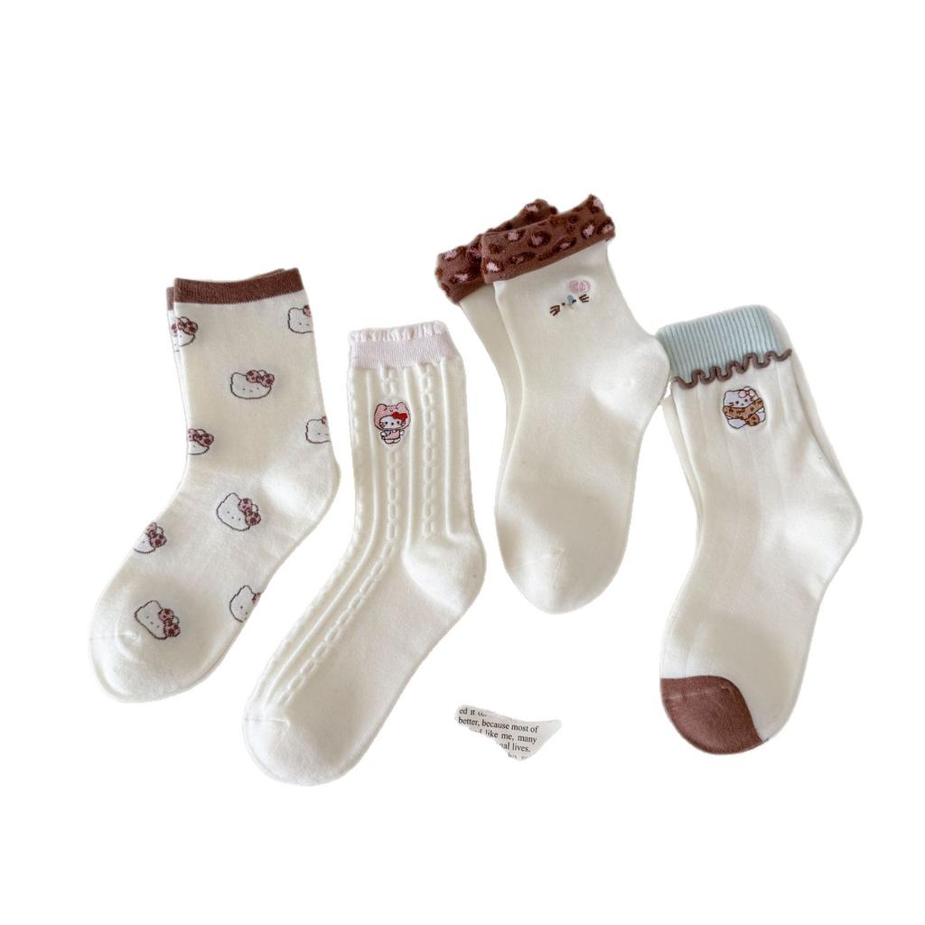 White Lace Pile Socks Girls Cute Kitty Kitty Kitty Mid-Leg Socks Trendy Spring And Autumn Pure Cotton Stockings