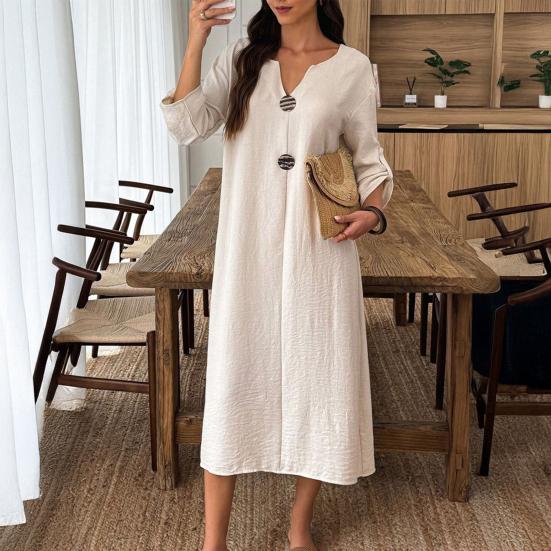 Sommer Baumwollkleid für Damen Langarm V-Ausschnitt Fließendes Langes Kleid Lässig Strandurlaub A-Linie Sommerkleid
