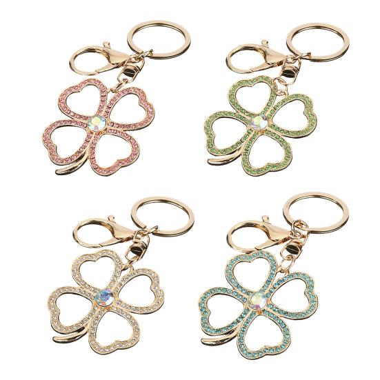 Keychain Pendant Rhinestones Four Leaf Clover Design Zinc Alloy Key Chain with Lobster Clasp Easy to Hang Key Holder Backpack Car Accessory