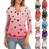 Women's 3/4 Sleeve Top With Gathered Hem, V-neck, Summer Casual -shirt, Valentine's Day Printed Top