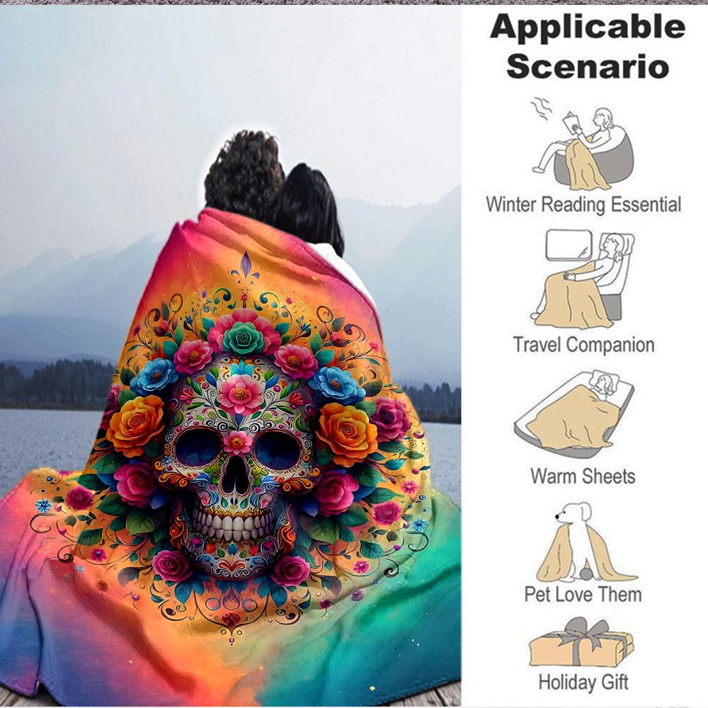 1pc Skull Artwork Soft & Warm Polyester Knit Blanket, Digital Printed, All-Season Throw for Napping, Traveling, Sofa yy250906027