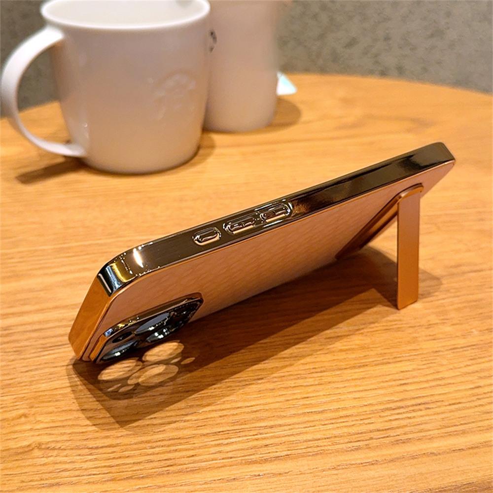 For iPhone 16 Pro Case PU Leather+PC Electroplated Phone Cover with Kickstand