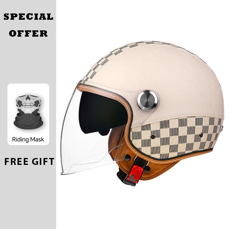Classic White Green Stripes Open Face Motorcycle Helmets Leather Jet Moto Helmet with Daul Lens Electric Scooter Racing Helmet