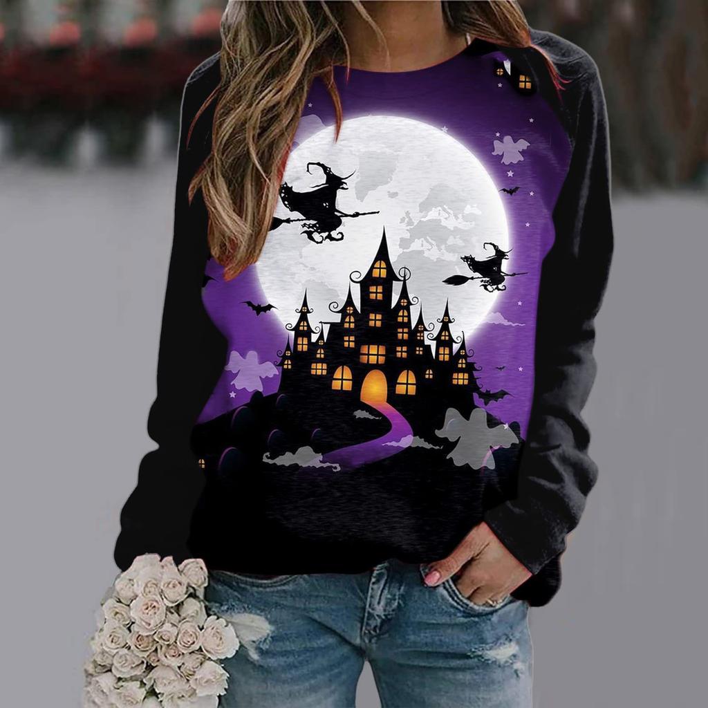 Round Neck Long Sleeved Color Blocked Women's Clothing 3D Printing Halloween Pumpkin Castle Dark Pattern Women Pullover