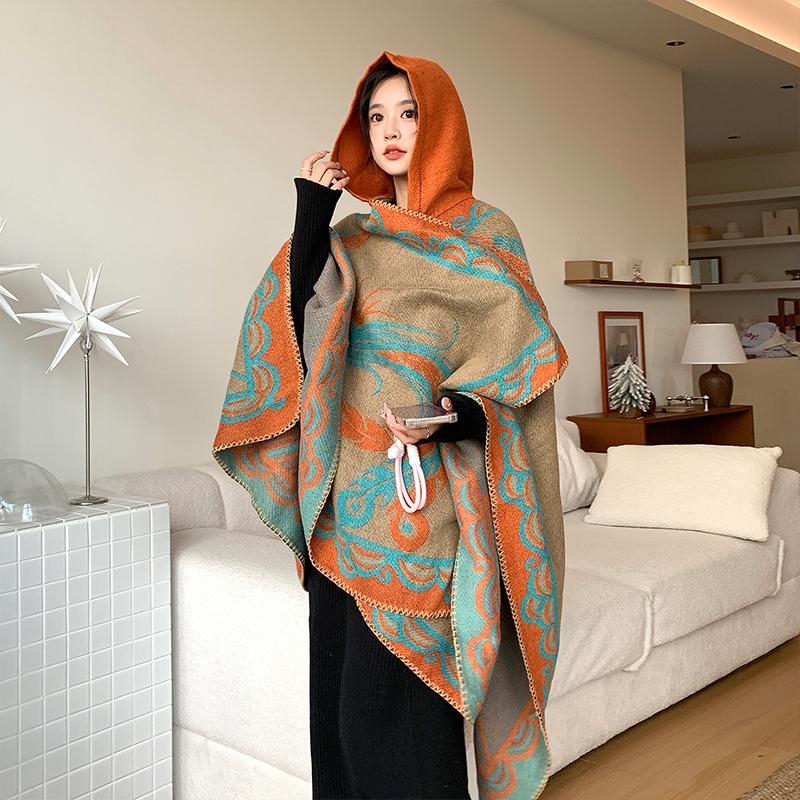 Зимний женский шарф с капюшоном, многослойный пончо, элегантная леди, ретро-принт, теплый шарф-накидка, шаль, шарф, накидка для женщины, пашмина, плащ, мода One Size& 8Y
