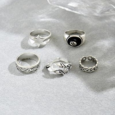 5Pcs/Set Gothic Punk Ring Set Silver Color Star 8-Ball Engraved Chain Open Stackable Rings For Men Women Streetwear Jewelry