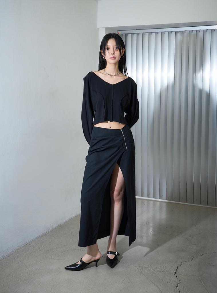 Nogtabeu Zipper Slim Long Skirt Black