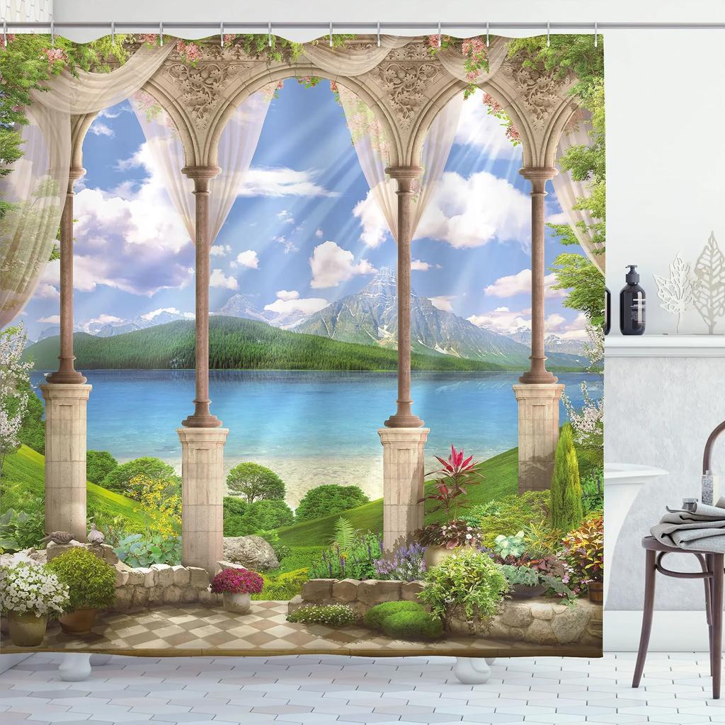 Medieval Shower Curtain,Rustic Wood Shield On Medieval Castle Gate Bath Curtain,Wooden Door Historical Vintage Home Bathroom Set
