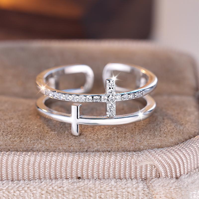 

Двухслойное белое циркониевое крестообразное кольцо для женщин из настоящего серебра 925 пробы, открытые регулируемые кольца для пальцев, украшения для вечеринки и свадьбы серебряный