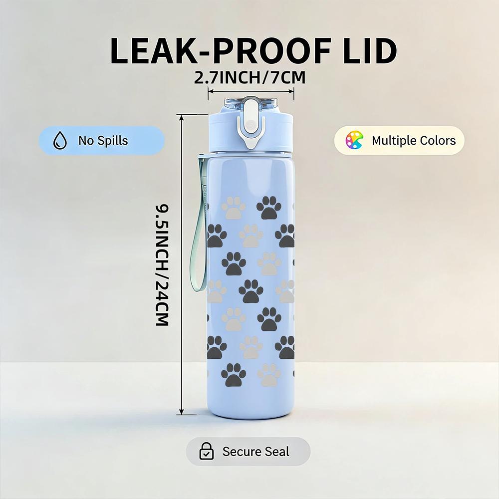 1PC Paw Print Grid Texture 750ml Color Plastic Sports Water Bottle Leakproof Flip Straw Lid For Sports Office Home Use