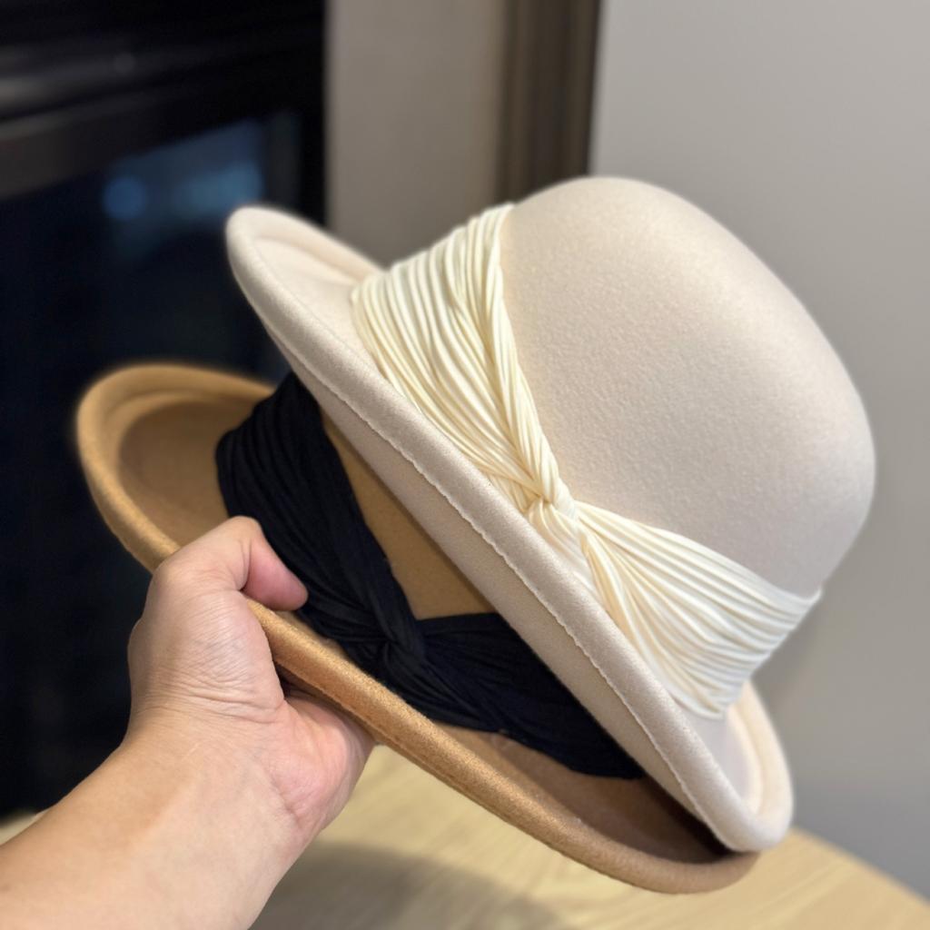 French Face showing Small Wool Felt Curled Fisherman Hat for Women in Spring Autumn and Winter Fashion British Retro Basin Hat Trendy