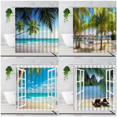 Palm Trees Beach Shower Curtains Sea Waves Island Vacation Hawaii Nature Scenery Summer Fabric Bathroom Decor Bath Curtain Hooks