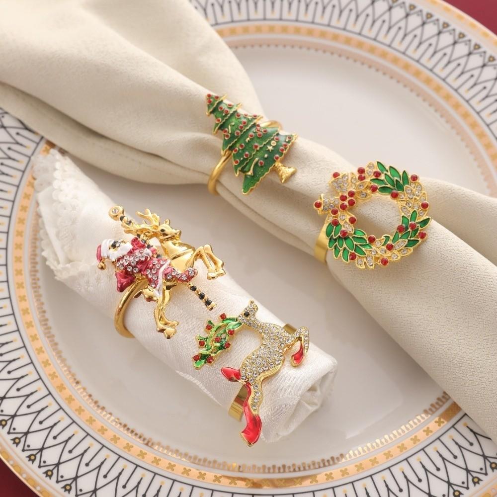 2pcs New Metal Napkin Ring Gold Color Xmas Tree Napkin Buckle Christmas Decor Elk Garland Table Decoration Family Gathering