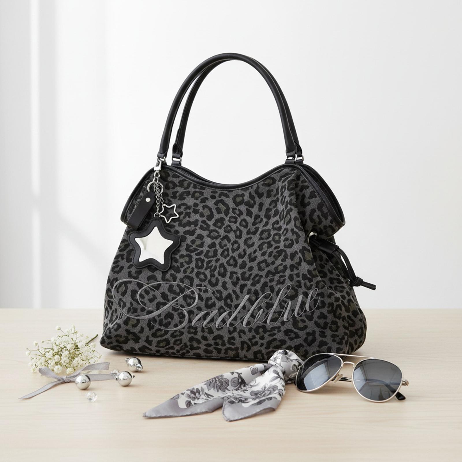 

Korean BadBlue Embroidered Leopard Print Tote Bag Large Capacity Shoulder Bags with Star Mirror Pendant Y2K Trendy Women Handbag