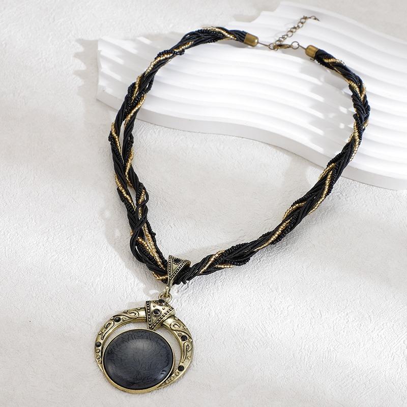 El Yapımı Dokuma Pirinç Boncuk Kolye Bohem Vintage Yuvarlak Değerli Taş Kolye Rahat Unisex Boyun Aksesuarları