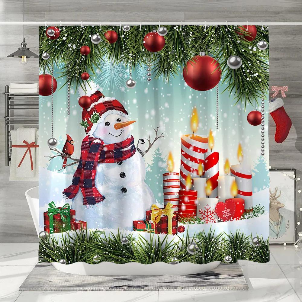 GAEChristmas Shower Curtain Santa Claus Snowman Elf Snowflake Cartoon Winter Rustic Home Polyester Fabric Bathroom Decor