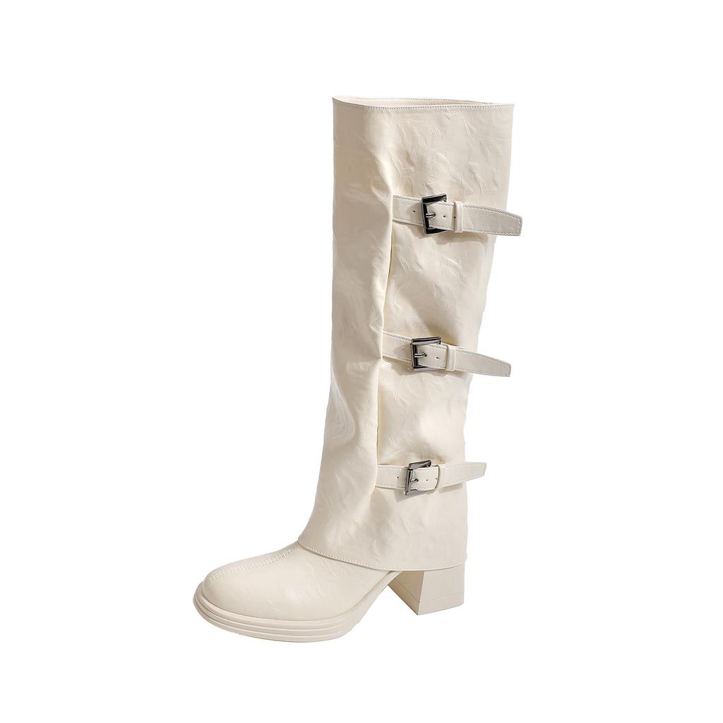 Spice Girl Two Wear Pants Boots cm Height Increasing Buckle Long Tube Western Knight Boots Women's Thick Heel Removable Pile Boots