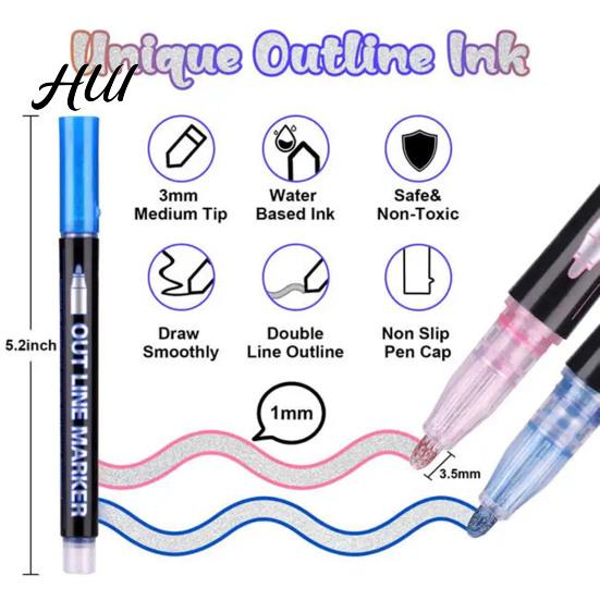 Radiating Lines Markers Dual-Tip Metallic Outline Pens Fluorescent Marker with Colorful Borders Paint Smooth Tip Highlighters for Cards Crafts & Notes