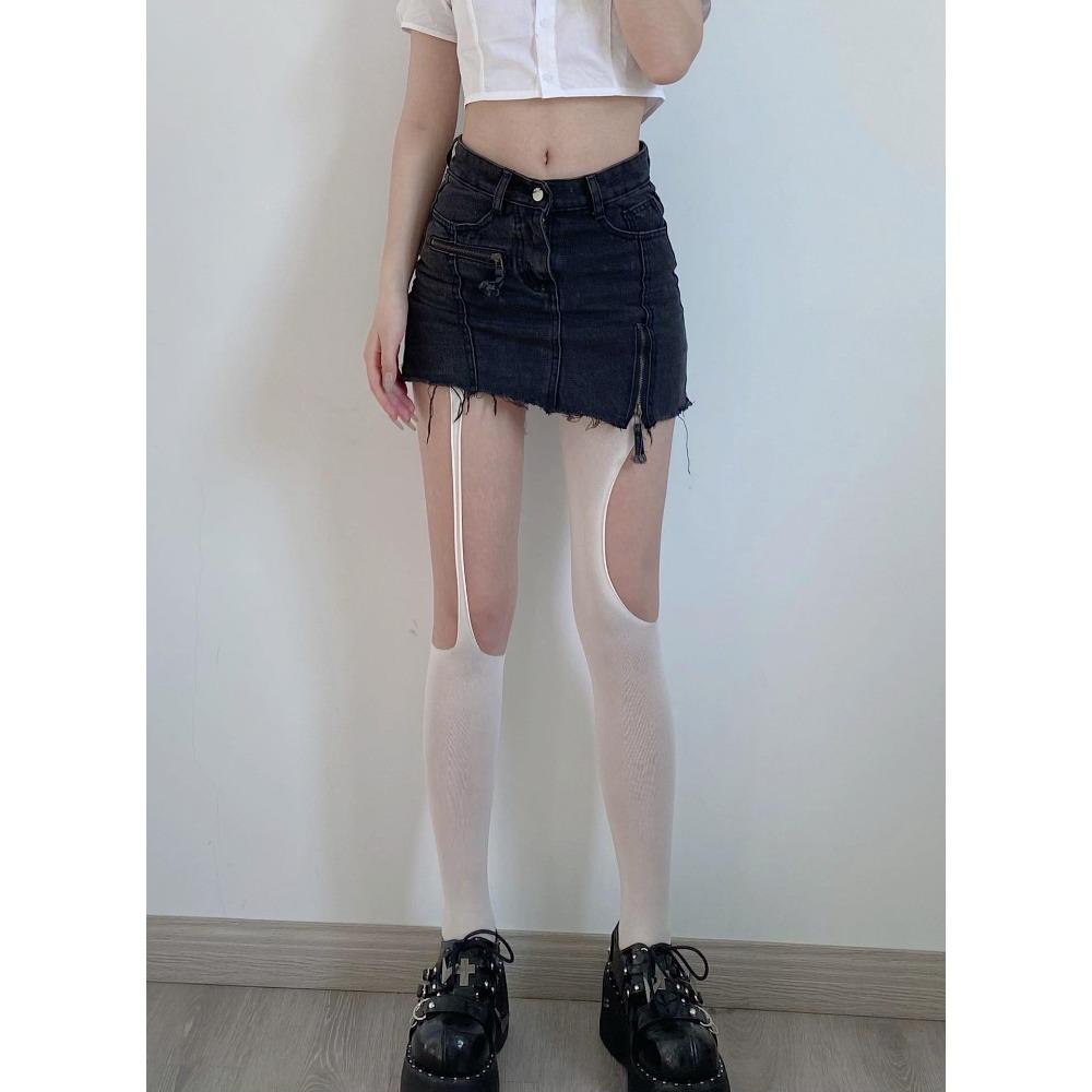 New Pure Desire White AB Asymmetrical Suspender Hole Socks Thin Black Silk Diablo Pantyhose Pure Desire
