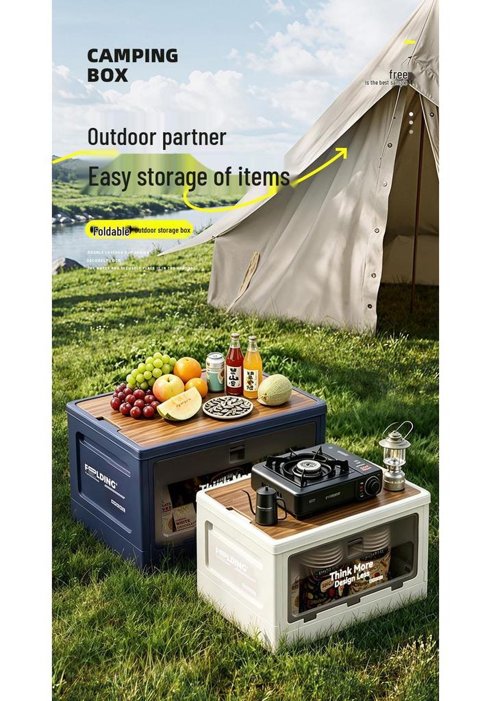 XL Folding Outdoor Storage Box with Wood Lid & Side Opening for Camping & Car Trunk Organization