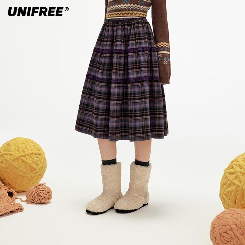 UNIFREE 2025 Autumn Plaid A-Line Midi Skirt M