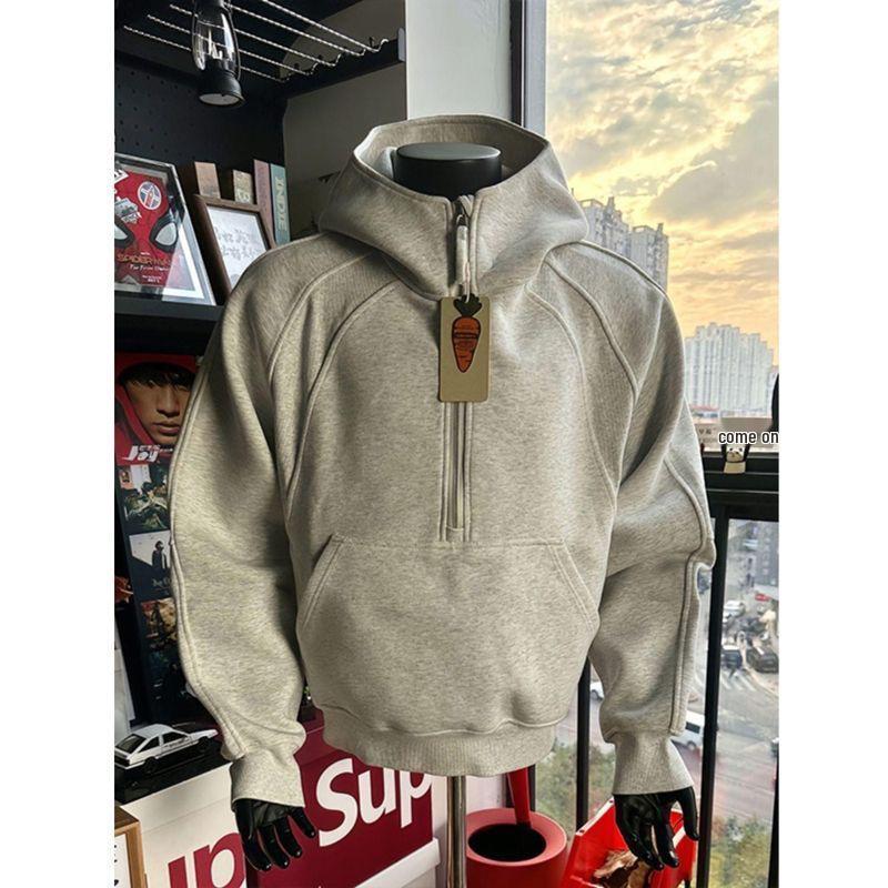 Herren Trendy Herbst Schwere Kapuzenjacke mit Stehkragen und halbem Reißverschluss mit Samtfutter
