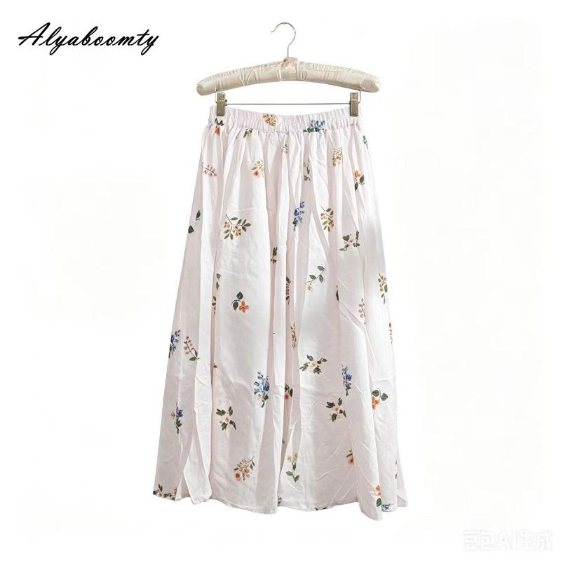 Prairie Chic Spring Summer Women Midi Skirt Elastic Waist Light Pink Floral Print A-Line Skirt Elegant Feminine Sweet Skirts Womens