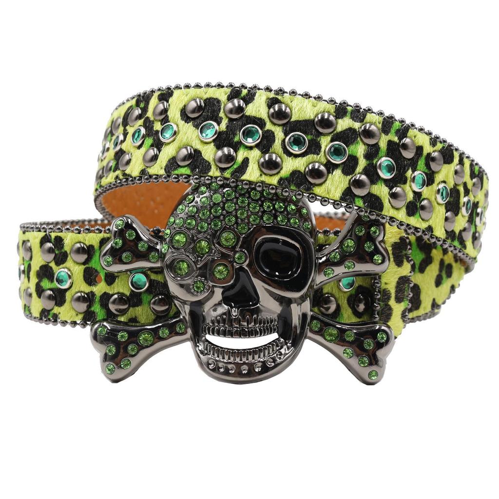 Women’s Skull Leopard Print Rhinestone Belt - Dark Punk Style, Fully Inlaid with Diamonds