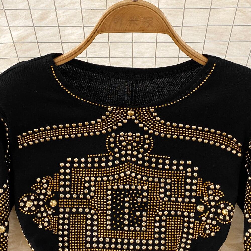 Autumn and Winter European and American Light Luxury Temperament Round Neck and Diamonds Waist and Hip Bottoming Dress