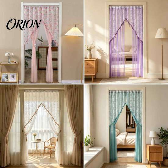 Romantic Home Decor for Living Room Sheer Floral Door Curtain with Beads, Lace Embroidered Gauze Double Layer Divider, Rod Pocket Doorway Bedroom