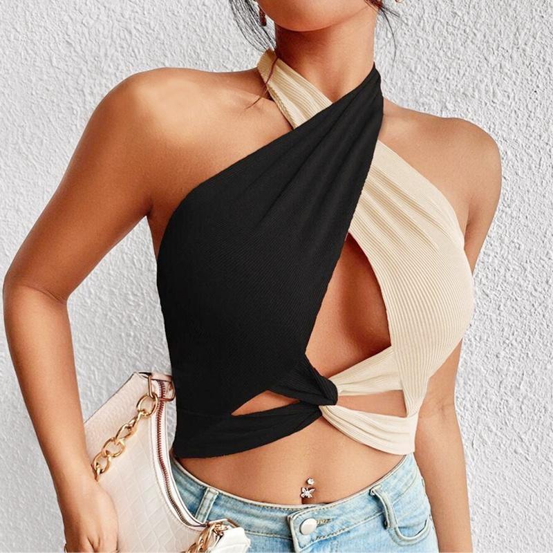 

Women Summer Tank Tops Knit Sexy Black White Cross Halter Neck Push Up Hollow Crop Tops High Street Wear 2025 New Fashion XL