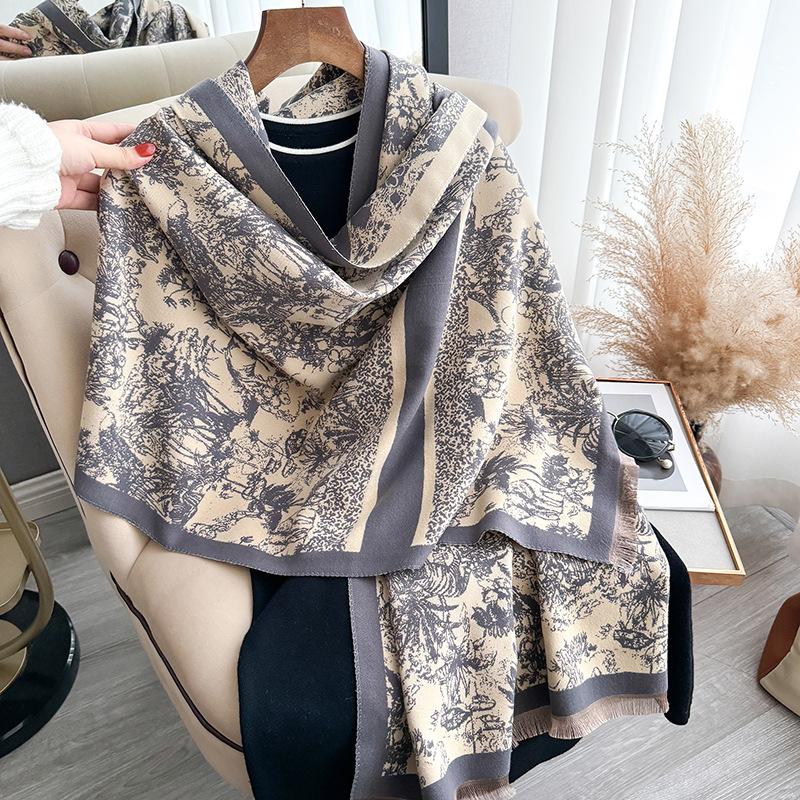 Tropical Jungle Wind Contrasting Colors Double-Sided Imitation Cashmere Scarf Winter High-End Warm Shawl