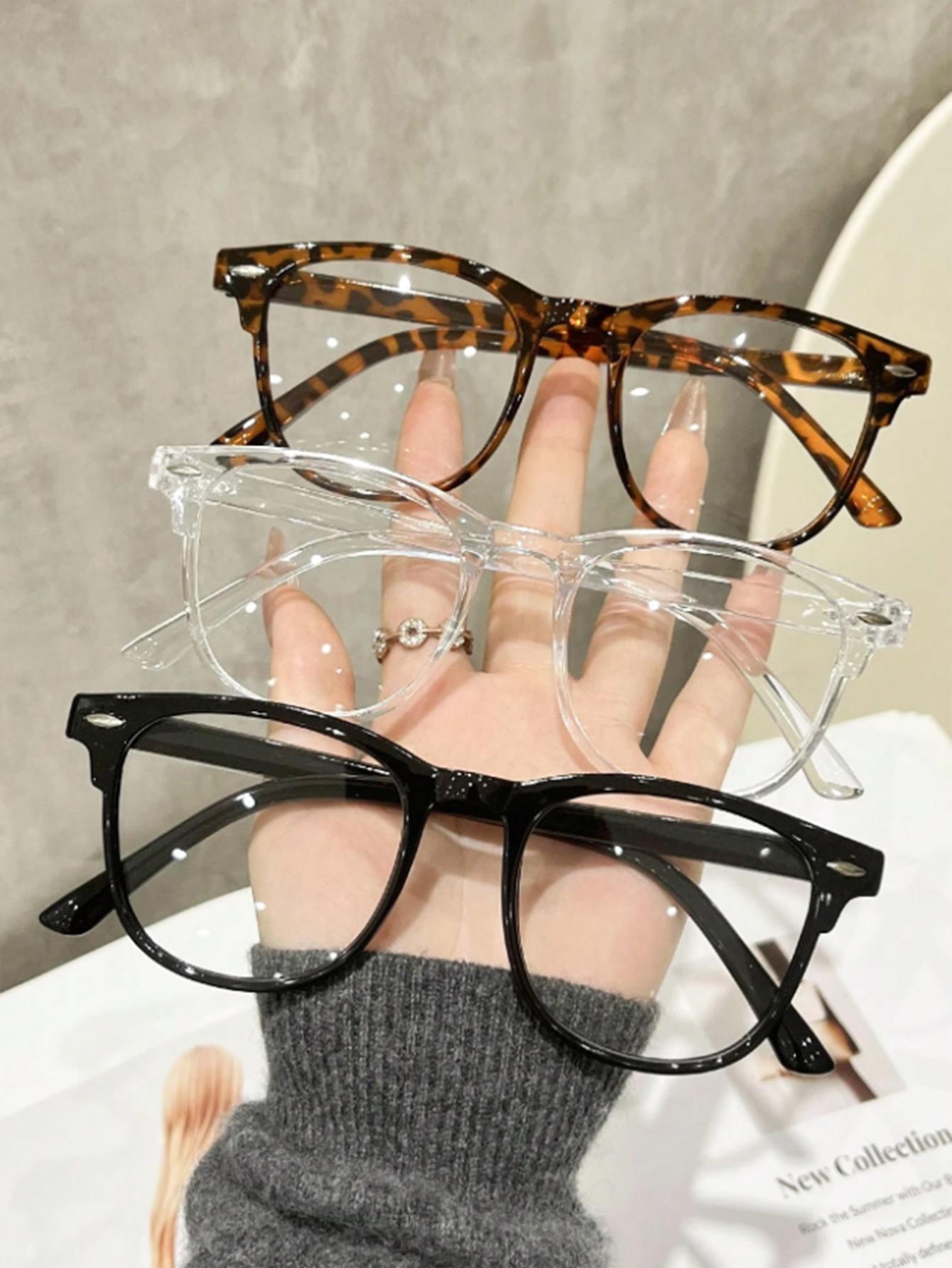 

3Pcs Retro Round Frame Non-Prescription Glasses, Black Frame with Leopard Print, Transparent, Versatile for Commuting, Unisex