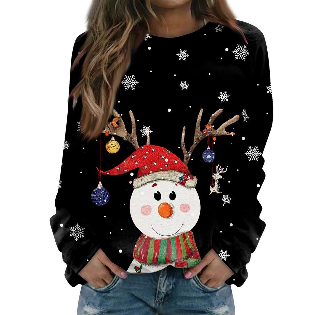 Women's Fashion Casual Long Sleeve Christmas Printed Neck Sweatshirt Top