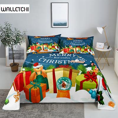 Cadeau de Noël 0.9/1.2/1.5/1.8/2.0m Impression Numérique Polyester Drap Plat de Lit avec Taie d'Oreiller Imprimé Ensemble de Literie