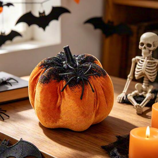 Soft Fabric Halloween Ornaments Pumpkin Spider Ornaments, Spooky Tabletop Decoration, Party Supplies Glittering for Home Retro Fall Decor Mysterious