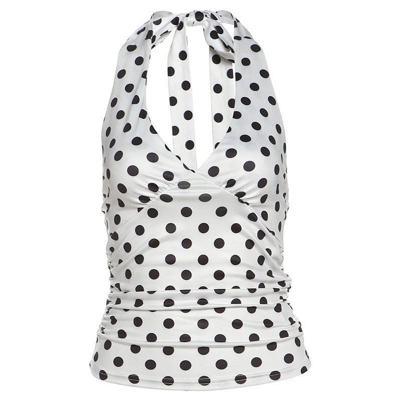 2025 Summer New Women's Fashion Hot Girl Sexy Black Polka Dot Print Versatile Backless V-Neck Halter Neck Tight Tank Top
