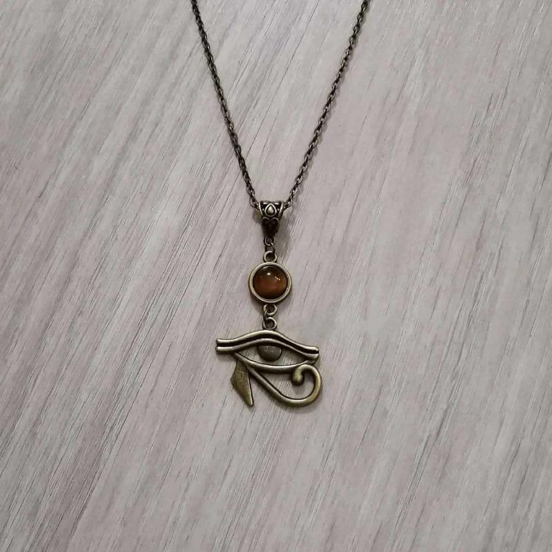 Ancient Egyptian Horus Eye Natural Tiger Eye Stone Pendant Necklace for Women Halloween Party Pagan Witchcraft Gothic Jewelry