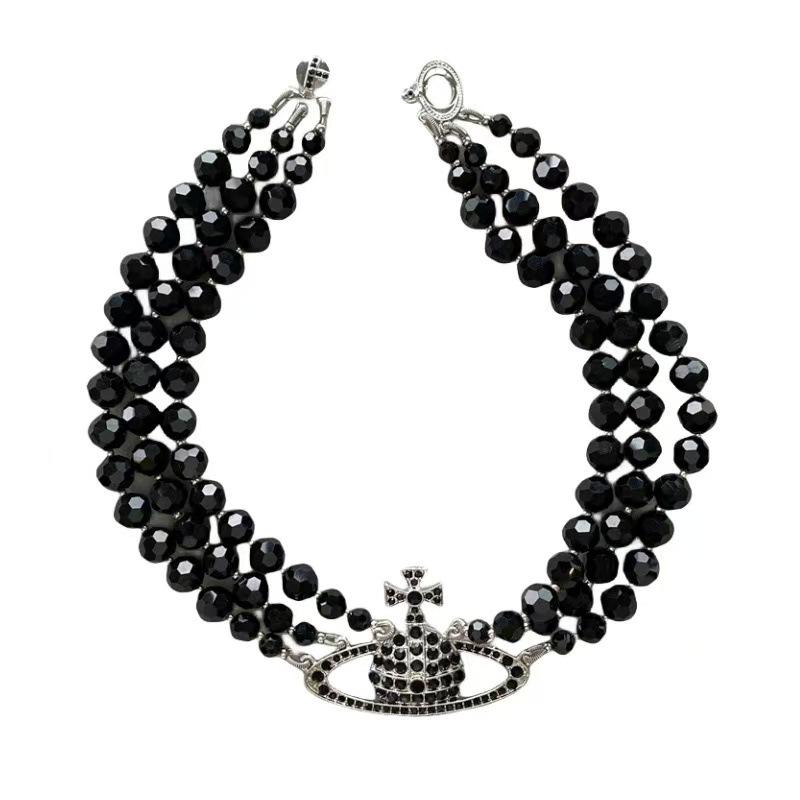 2025 Fashion Charm Saturn Black Beads Queen Dowager Necklace Three Layer Heavy Industry Choker Clavicle Chain Trendy Female