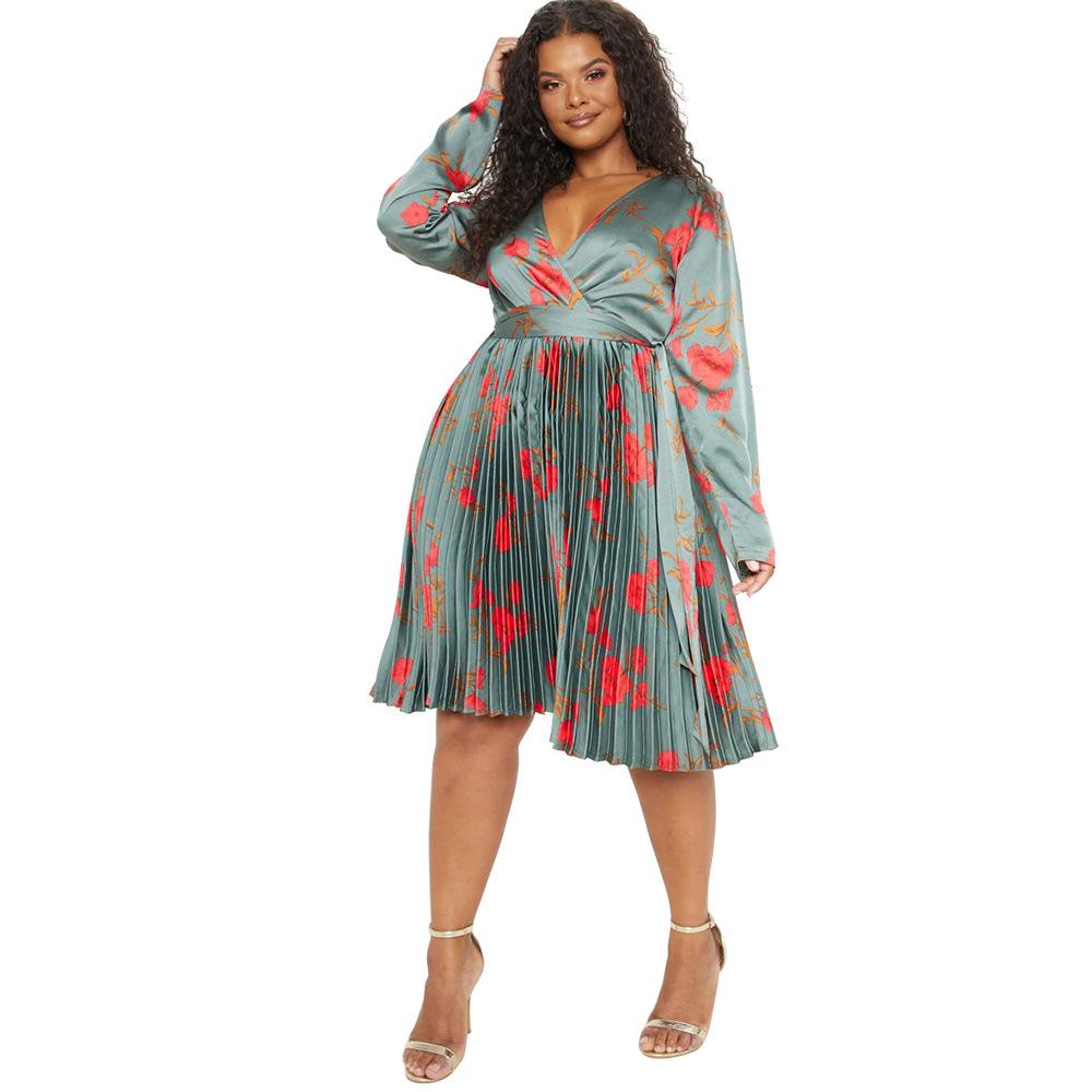 

N7957 Women s Floral Deep V-Neck Pleated Dress – Autumn Simple Style 3XL светло-серый
