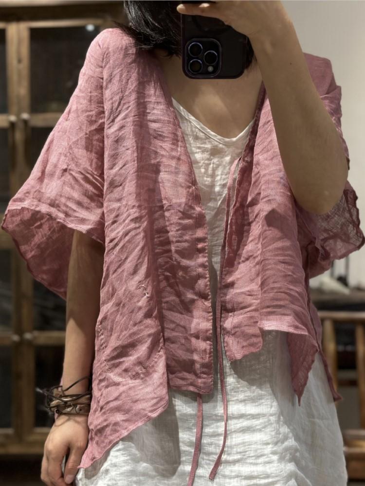 Johnature Dámské Vintage plátěné letní košile Jednobarevný pásek Topy v čínském stylu Halenky s krátkým rukávem a výstřihem do V Volná košile